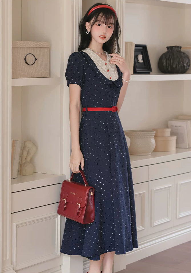 Miss Americana Polka Dot Midi Dress (Navy)