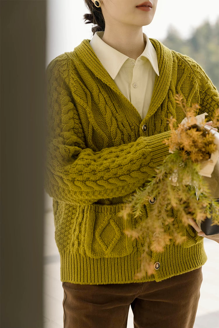 Shawl Collar Cable Knit Cardigan (Chartreuse)