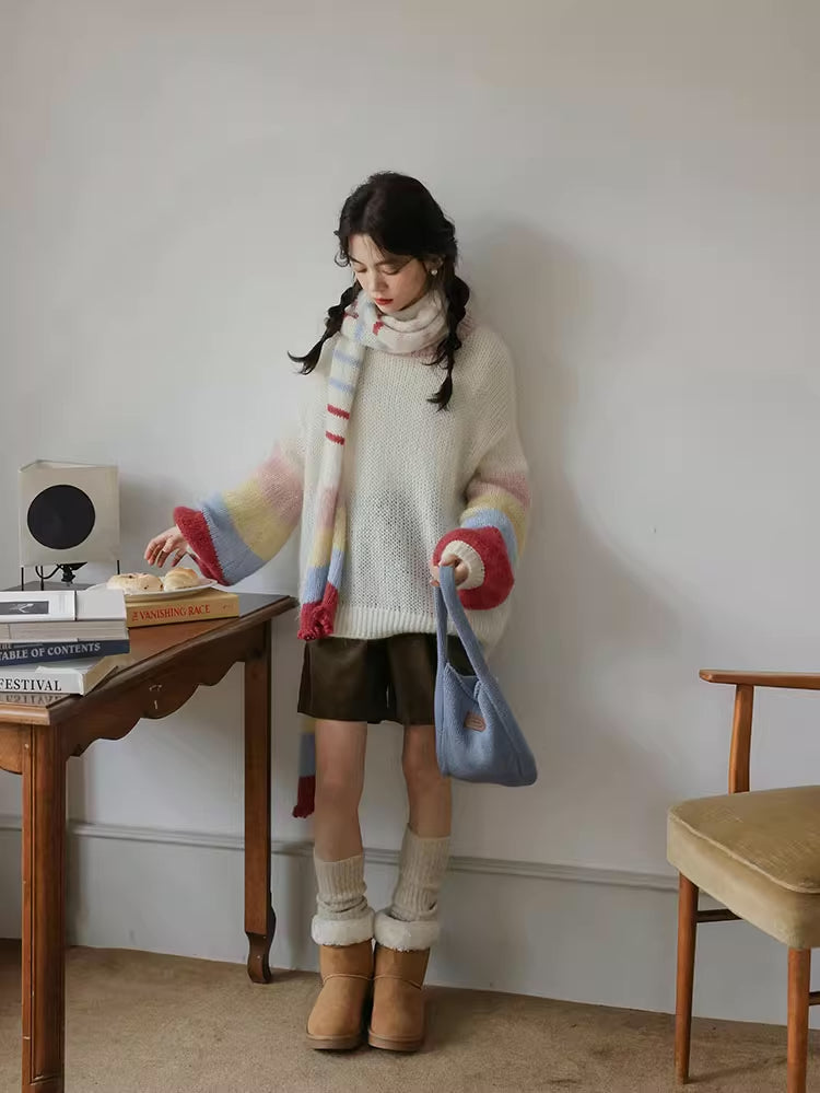 Rainbow Stripe Sleeves Sweater (White)