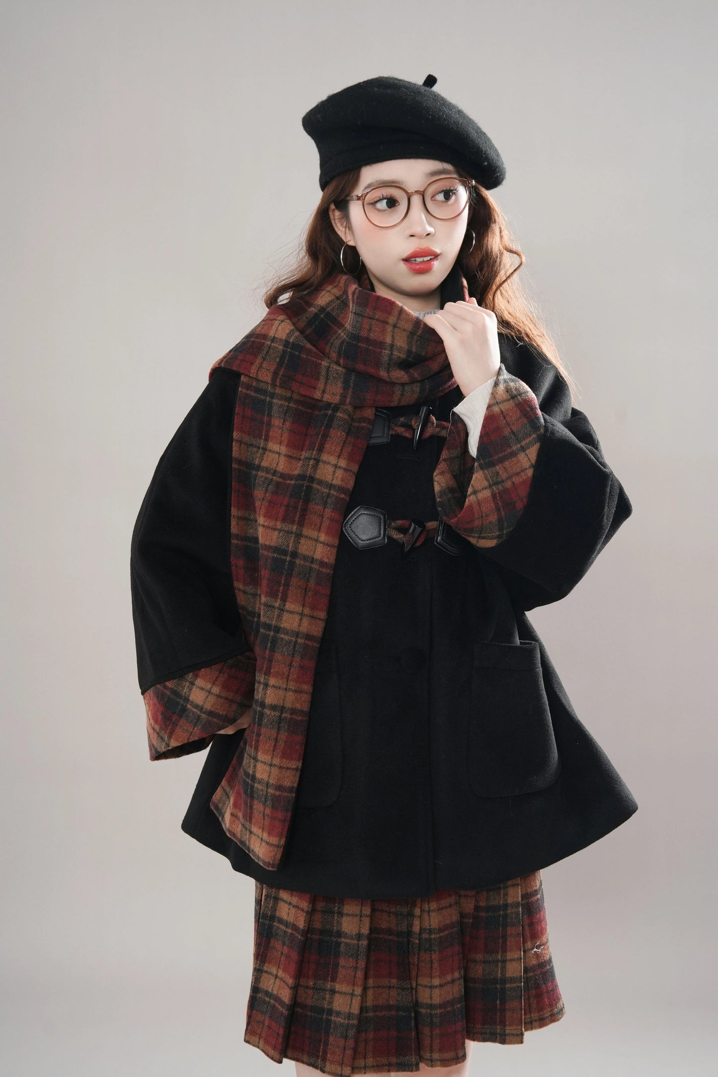 Bookshop Plaid Toggle Jacket & Skirt Set (Black)