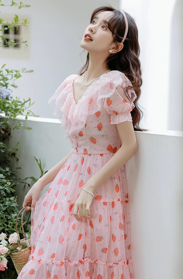 Strawberry Girl Midi Dress (Pink)