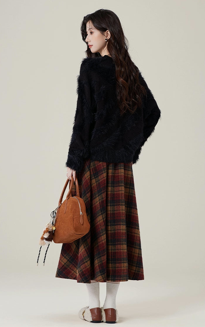 Bookshop Plaid Midi Skirt (Red/Khaki)