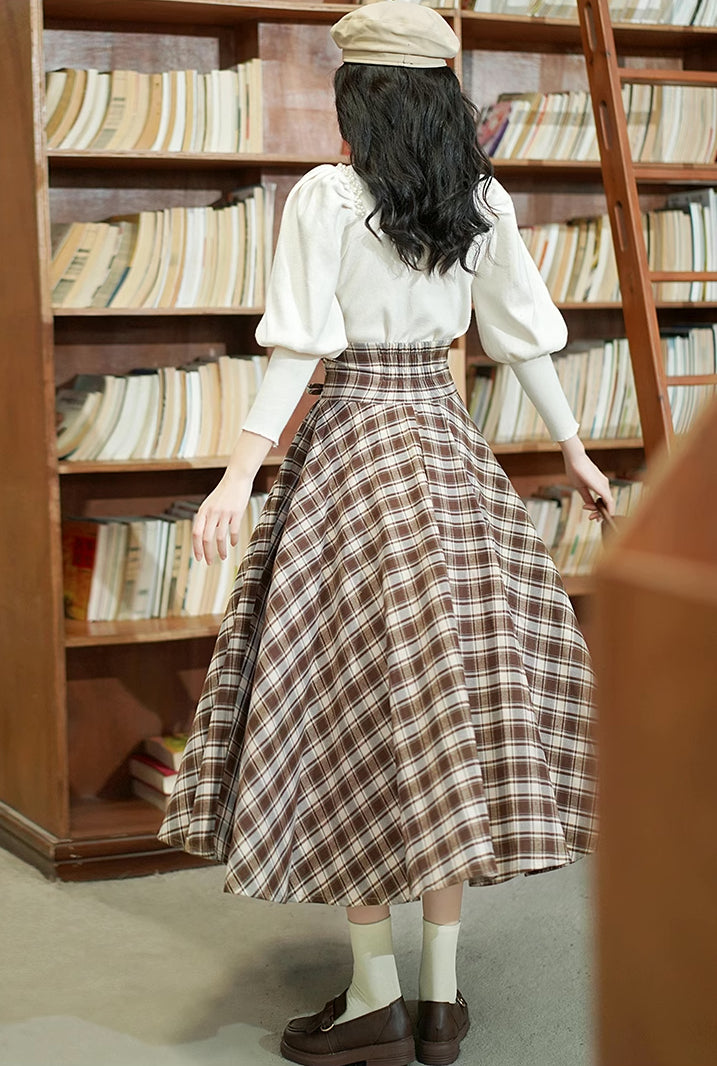 Choco Plaid Midi Skirt (Brown)