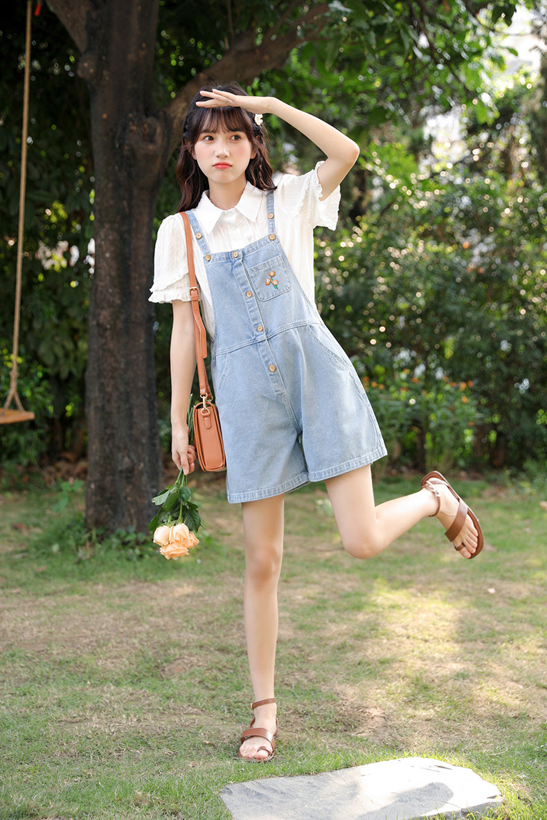 Button Up Poppy Short Overalls (Light Denim)