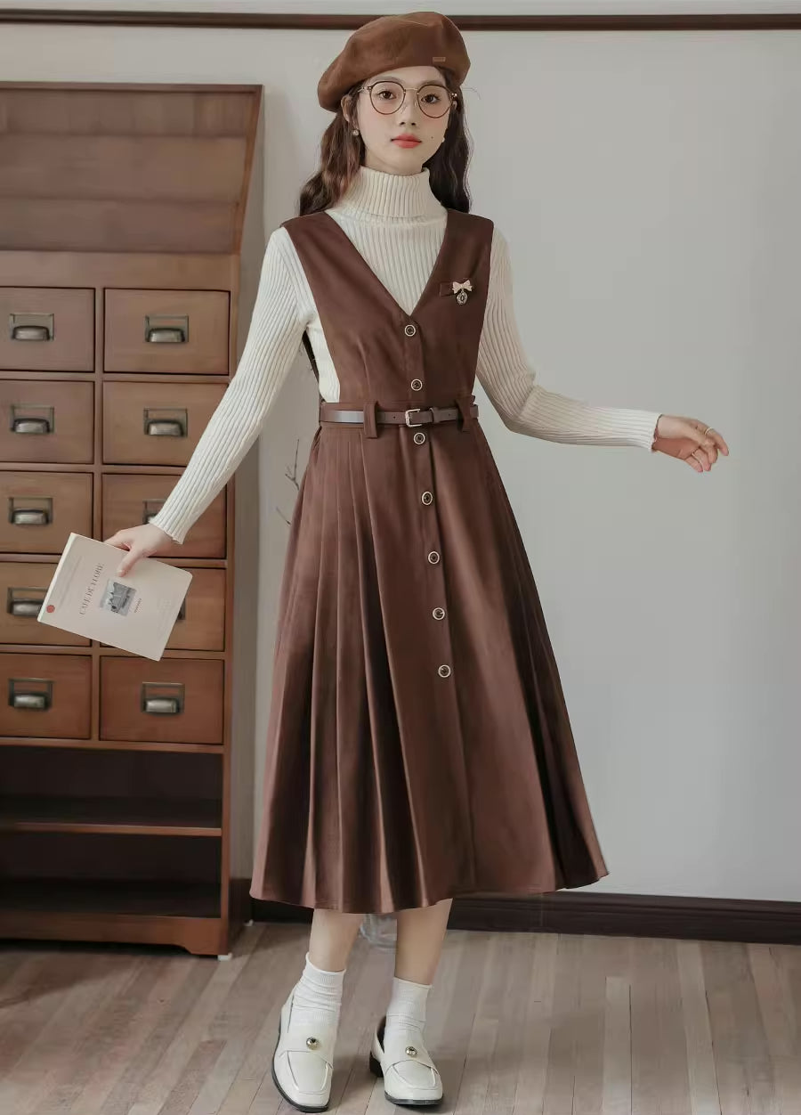 Corduroy Button Pleated Midi Pinafore (2 Colors)