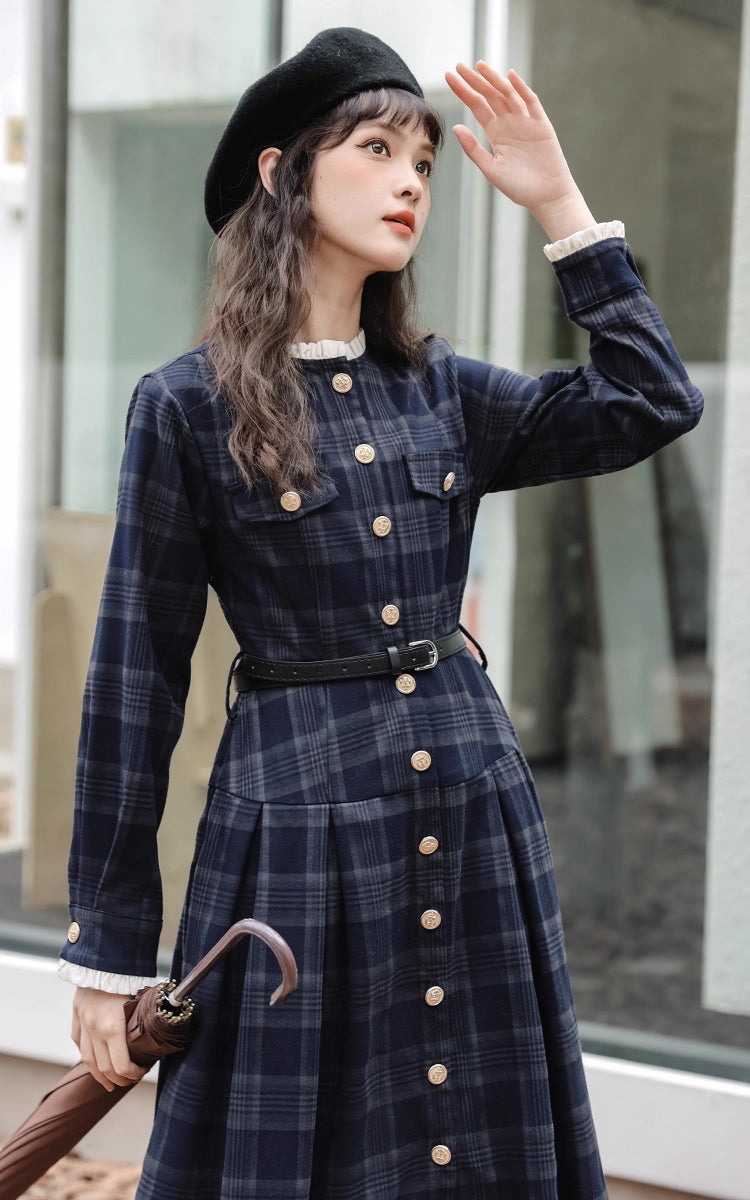 Academia Plaid Button Midi Dress (Navy)