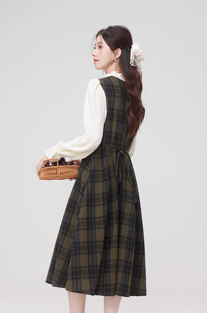 Cabin Plaid Twofer Midi Dress (Olive)