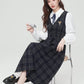 Oxford Plaid Midi Pinafore & Blouse Set (Navy)