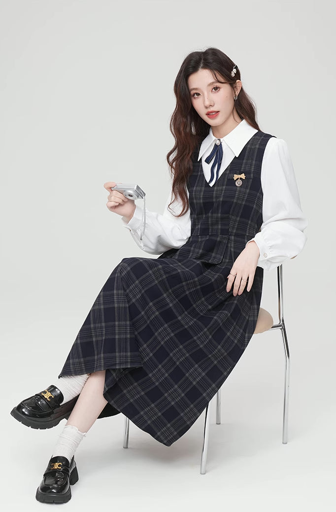 Oxford Plaid Midi Pinafore & Blouse Set (Navy)