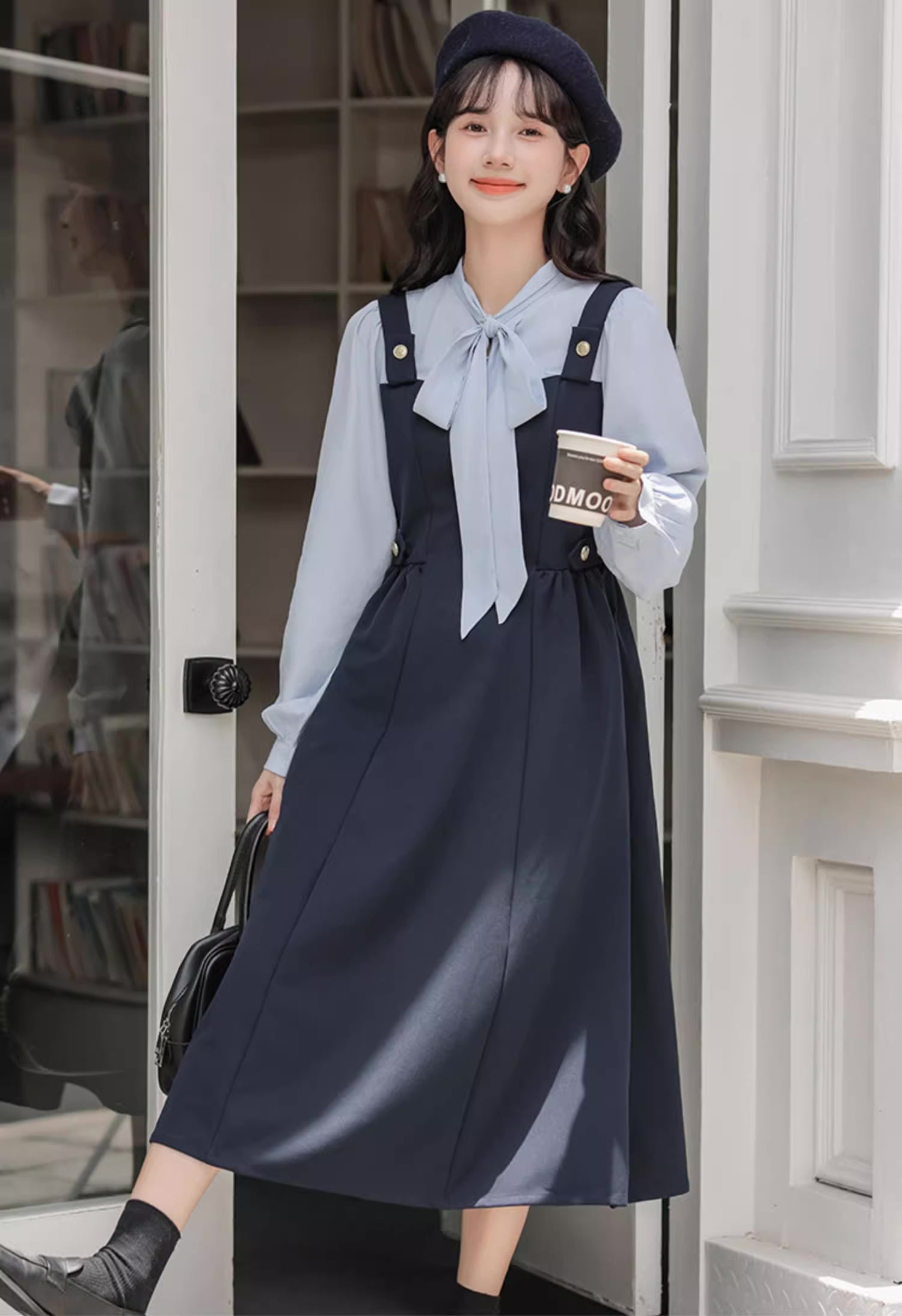 Tie Neck Twofer Midi Dress (Navy) XL