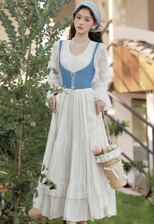 Belle Twofer Corset Peasant Maxi Dress (White/Blue)