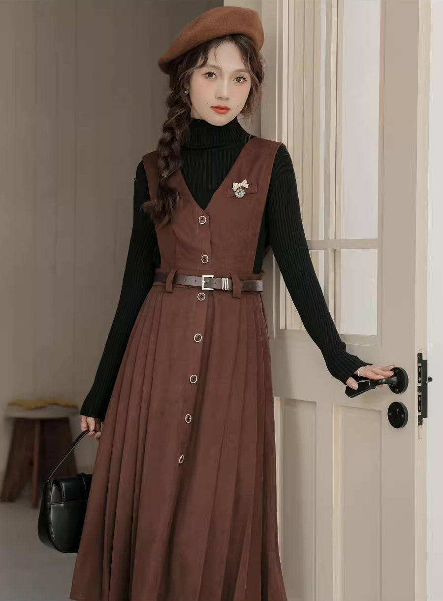 Corduroy Button Pleated Midi Pinafore (2 Colors)