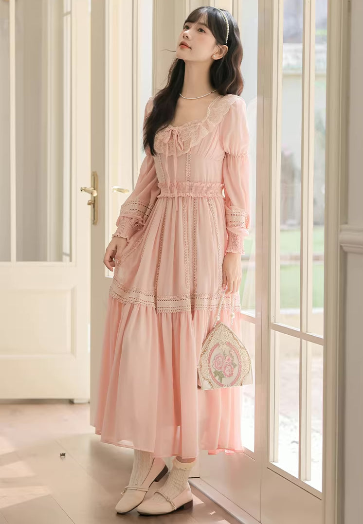 Eyelet Lace Tiered Midi Dress (Pink)