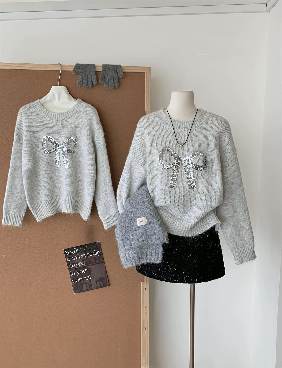 Sequin Bow Sweater (Grey)