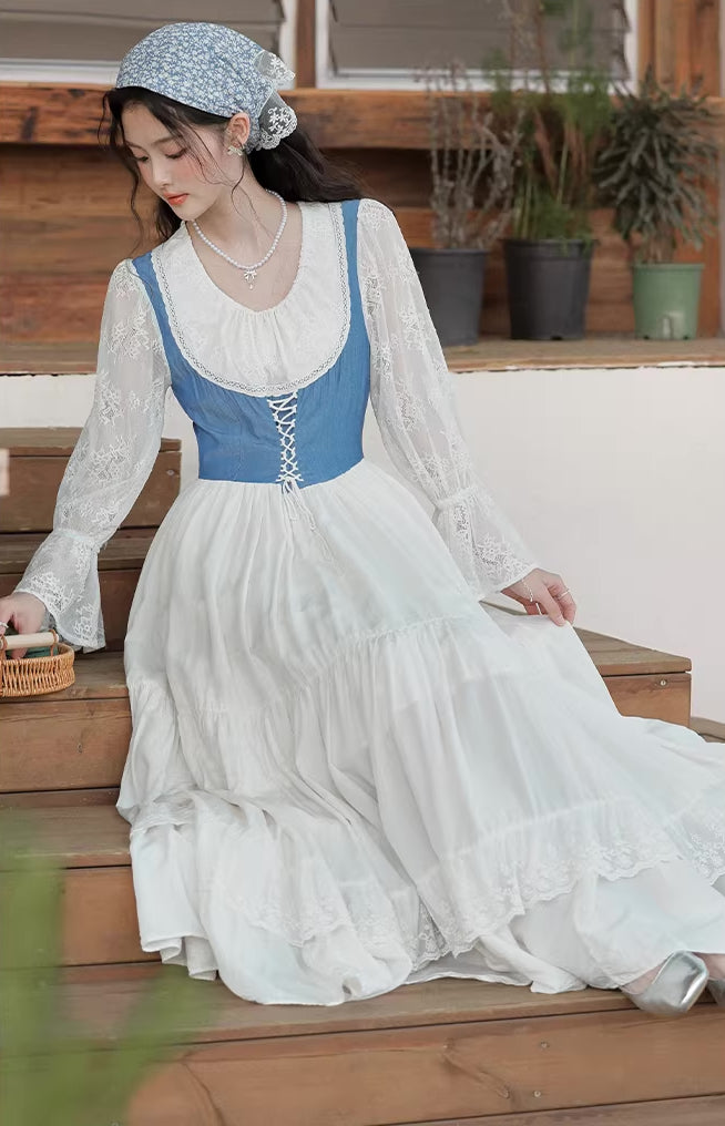 Belle Twofer Corset Peasant Maxi Dress (White/Blue)