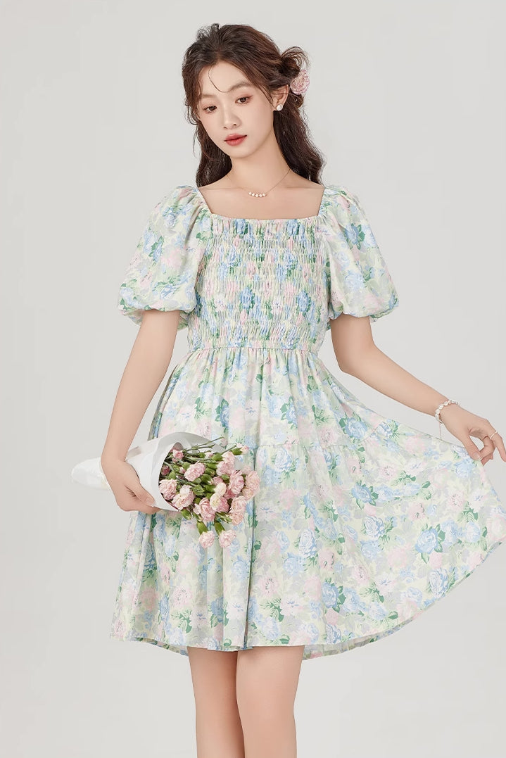 Pastel Rose Garden Puff Sleeve Mini Dress (Blue)