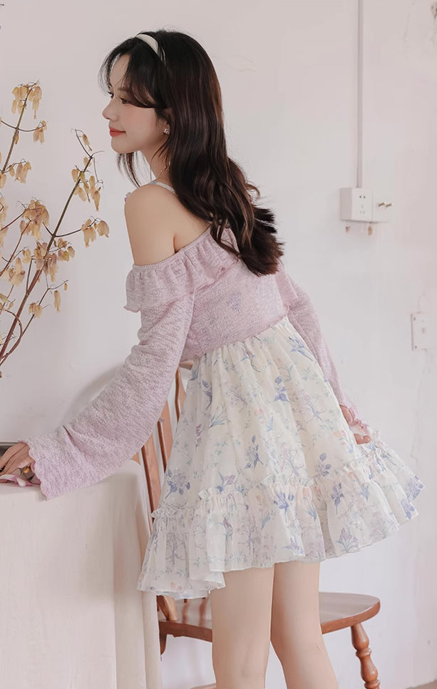 Sweet Floral Mini Dress (White/Purple)