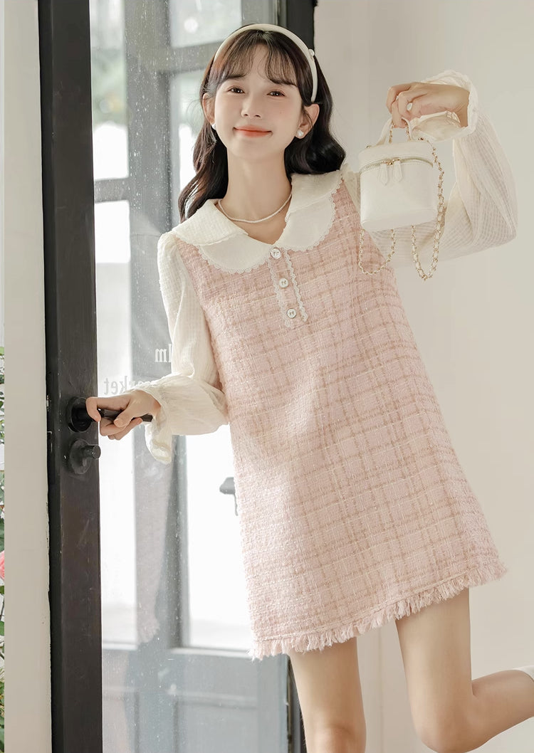 Tweed Plaid Mini Shift Dress (Pink)