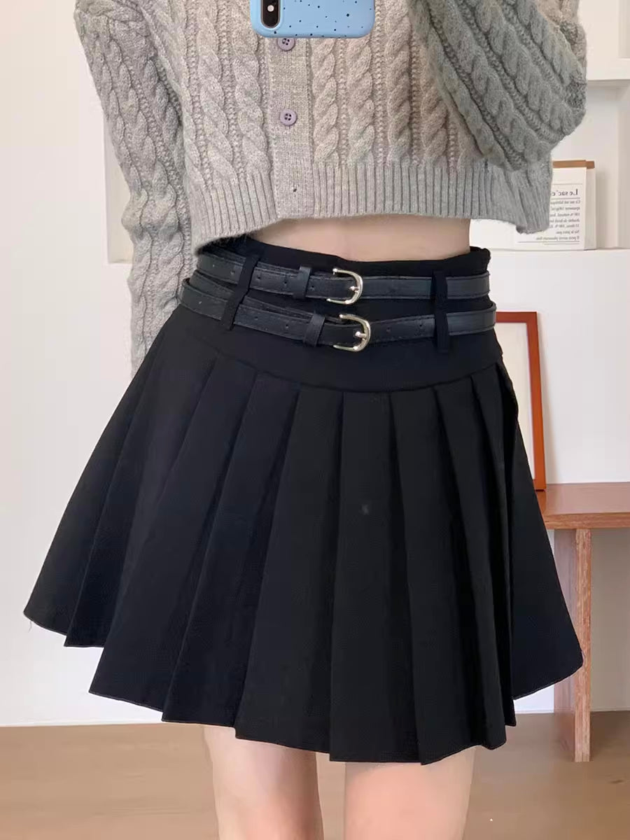 Double Belted Pleated Mini Skirt (5 Colors)