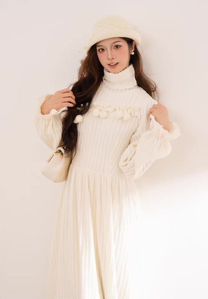 Cherry Pom Pom Turtleneck Sweater Dress (White)