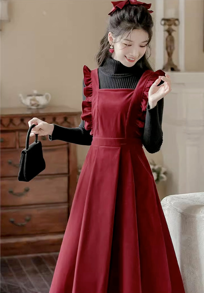 Frilly Corduroy Apron Pinafore Dress (3 Colors)