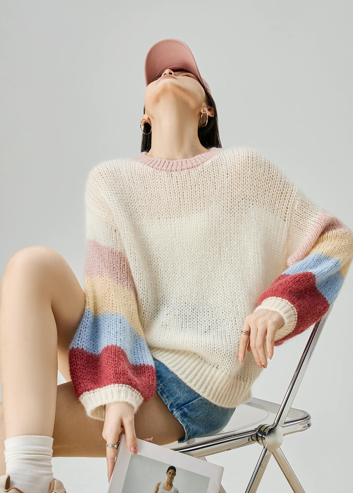Rainbow Stripe Sleeves Sweater (White)