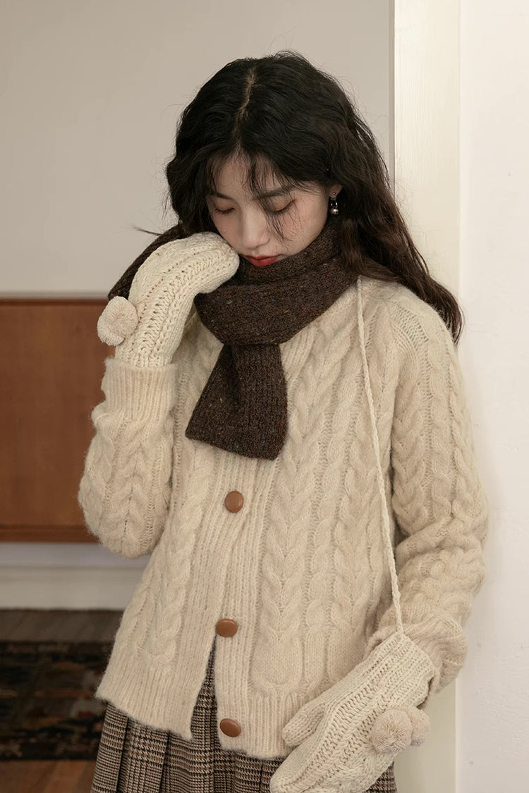 Braided Knit Round Neck Cardigan (Cream)