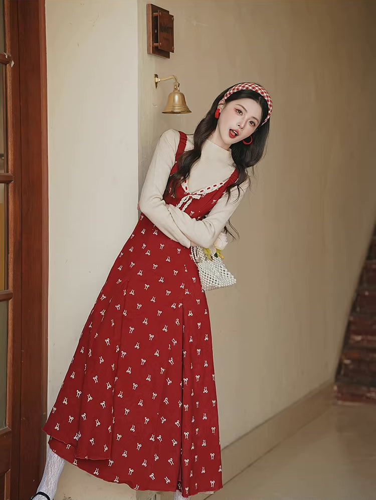 Lucky Bows Midi Dress (Red)