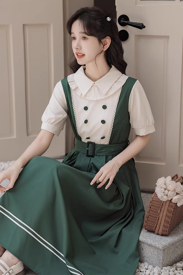 Lolita Short Sleeve Faux Layered Midi Dress (Green)