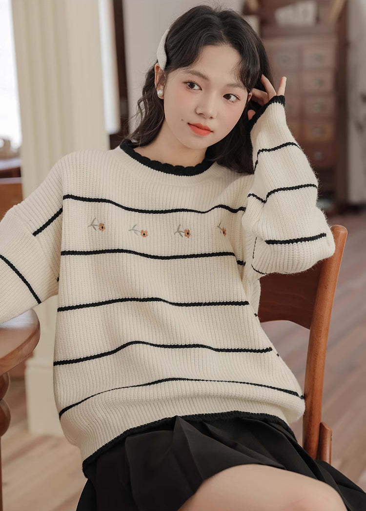 Emily Floral Stripe Sweater (White/Black)