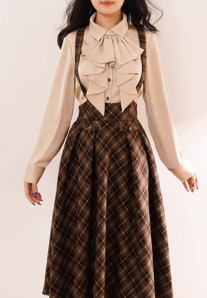 Newsgirl Plaid Suspender Skirt & Blouse Set (2 Colors)
