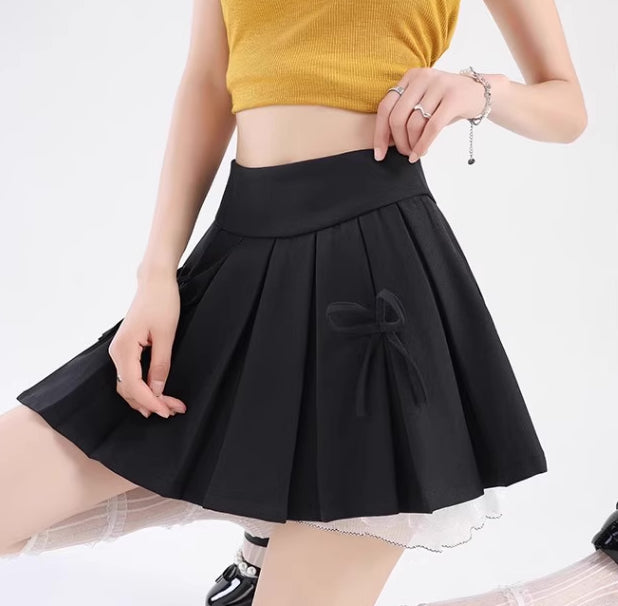 Bow Lace Pleated Mini Skirt (7 Colors)