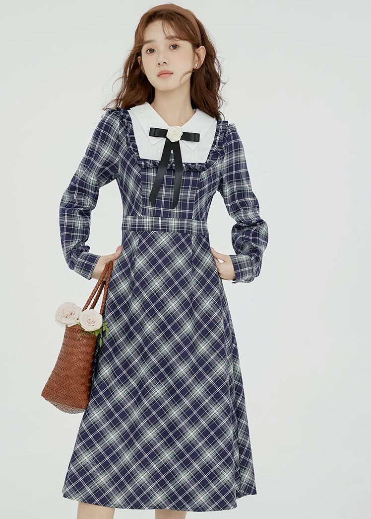 Uni Plaid Midi Dress (Navy)