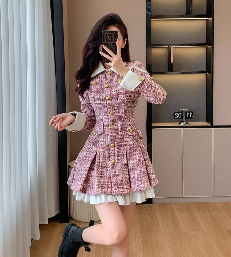 Flirty Plaid Tweed Mini Dress (Pink)