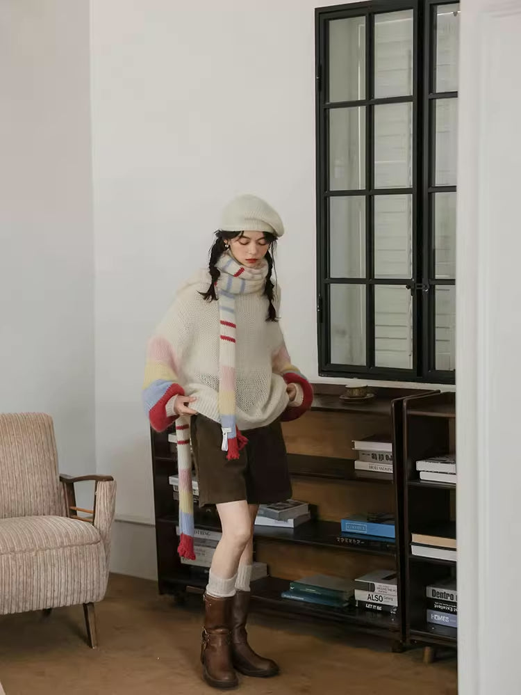 Rainbow Stripe Sleeves Sweater (White)