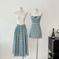 Vintage Gingham Floral Cami Dress (Blue)