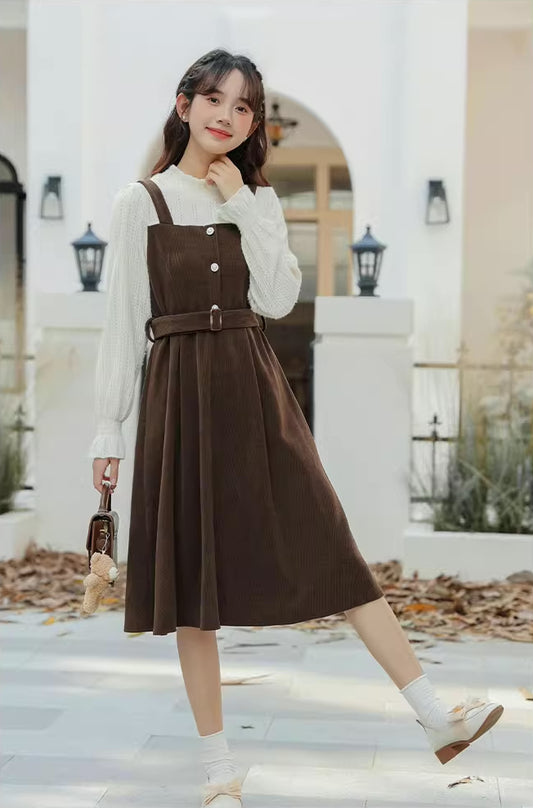 Corduroy Knit Belted Twofer Midi Dress (2 Colors)