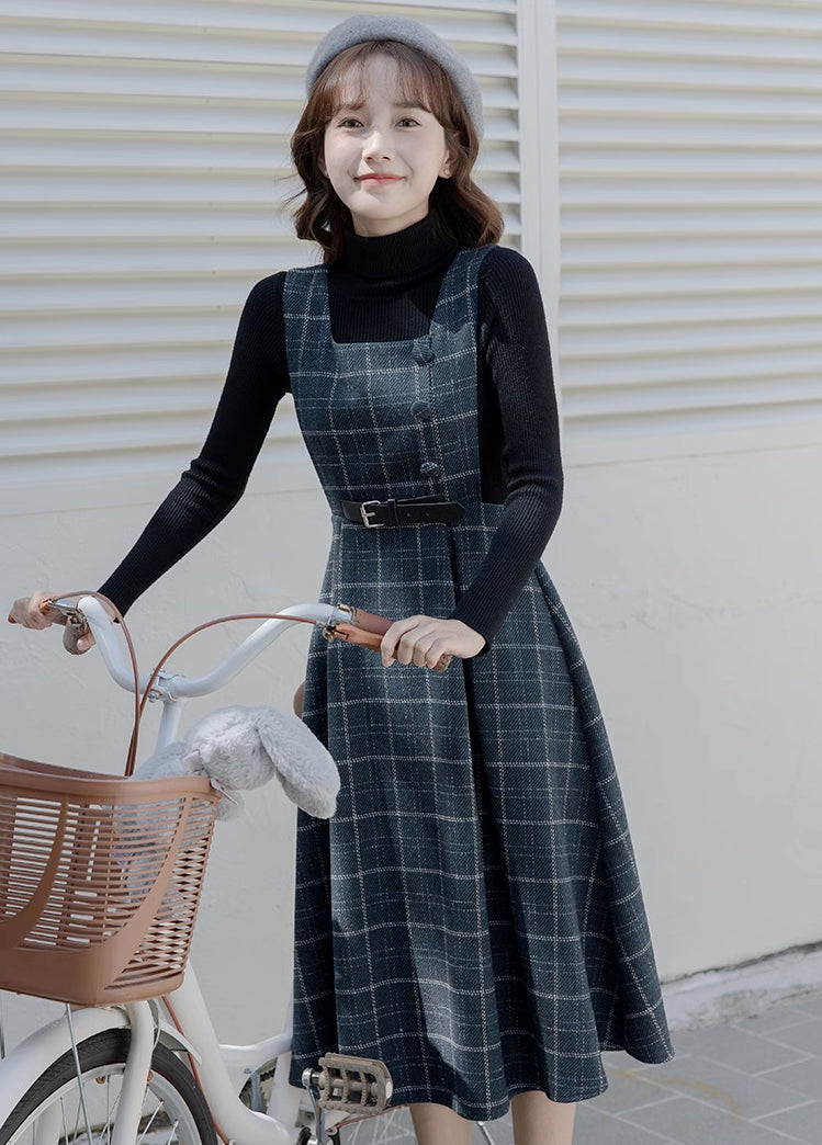 Belted Plaid Pinafore Dress (3 Colors)