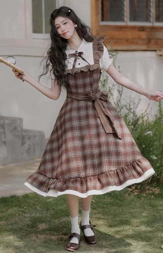 Hazel Plaid Flutter Twofer Midi Dress (Brown)