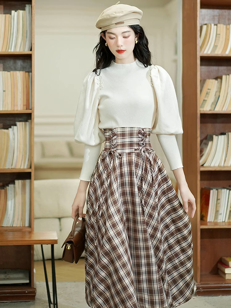 Choco Plaid Midi Skirt (Brown)