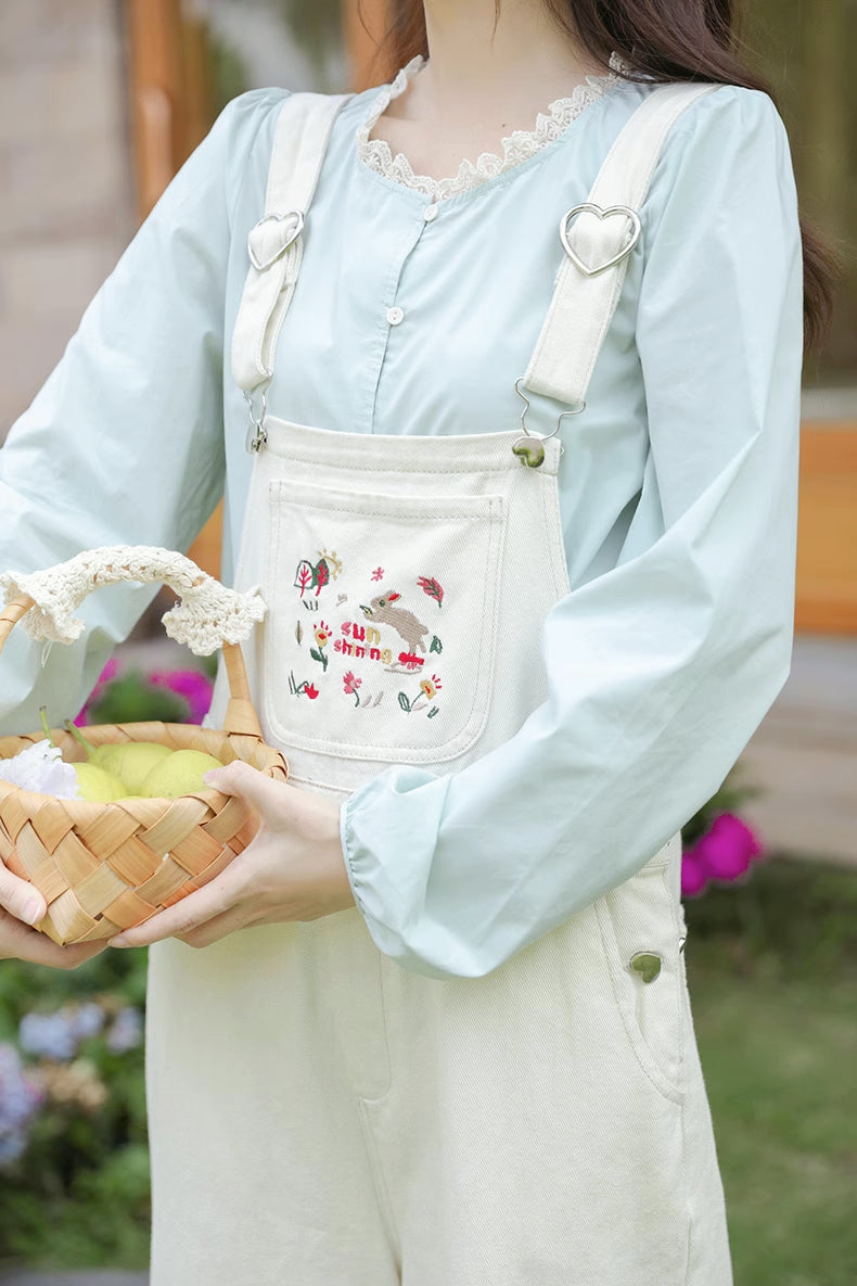 Sun Shining Embroidered Overalls (White)