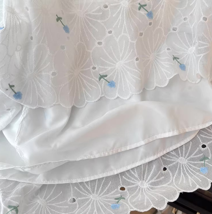 Flower Punch Midi Skirt (White/Blue)