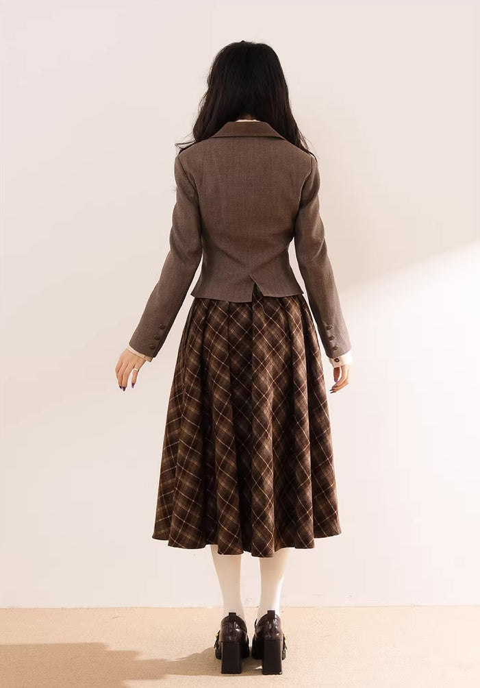 Newsgirl Plaid Suspender Skirt & Blouse Set (2 Colors)