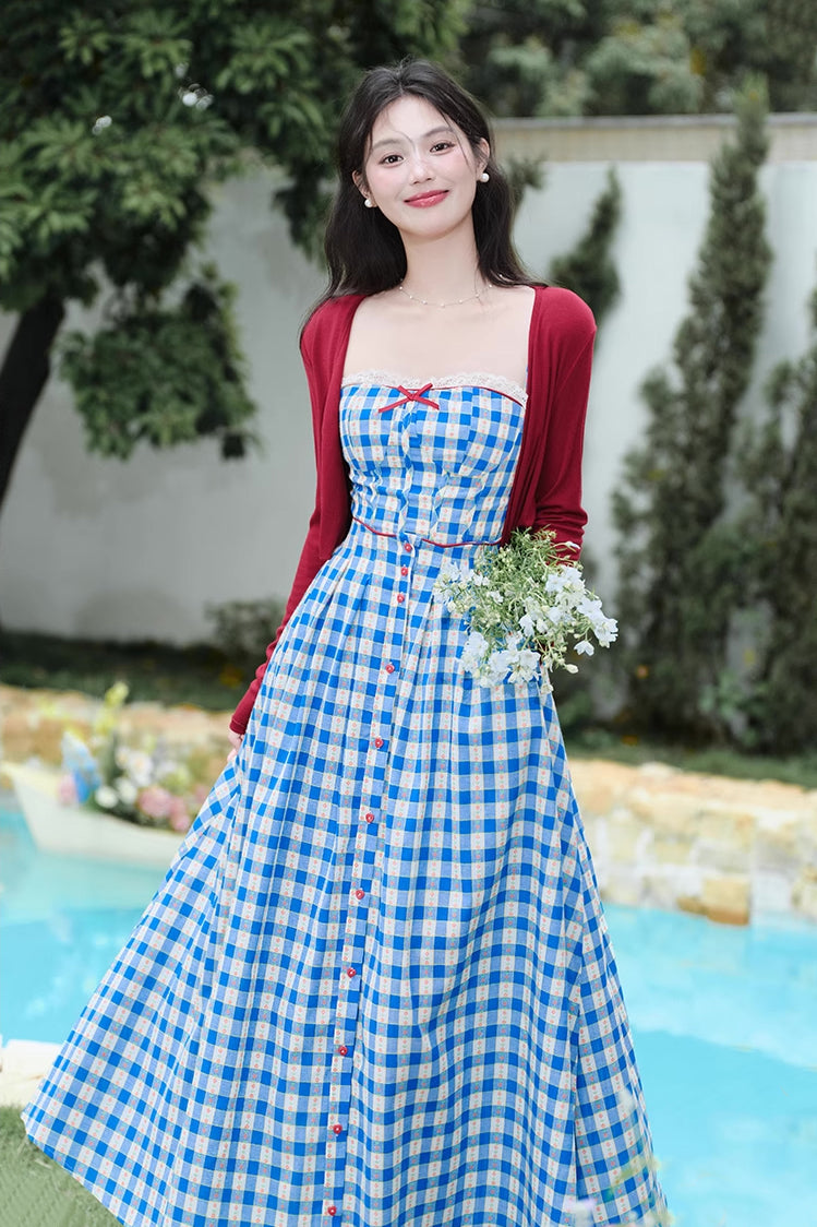Vintage Gingham Floral Cami Dress (Blue)