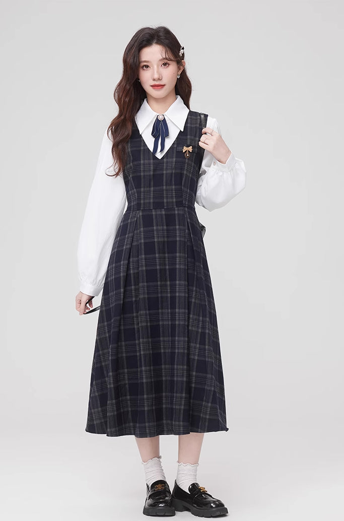 Oxford Plaid Midi Pinafore & Blouse Set (Navy)