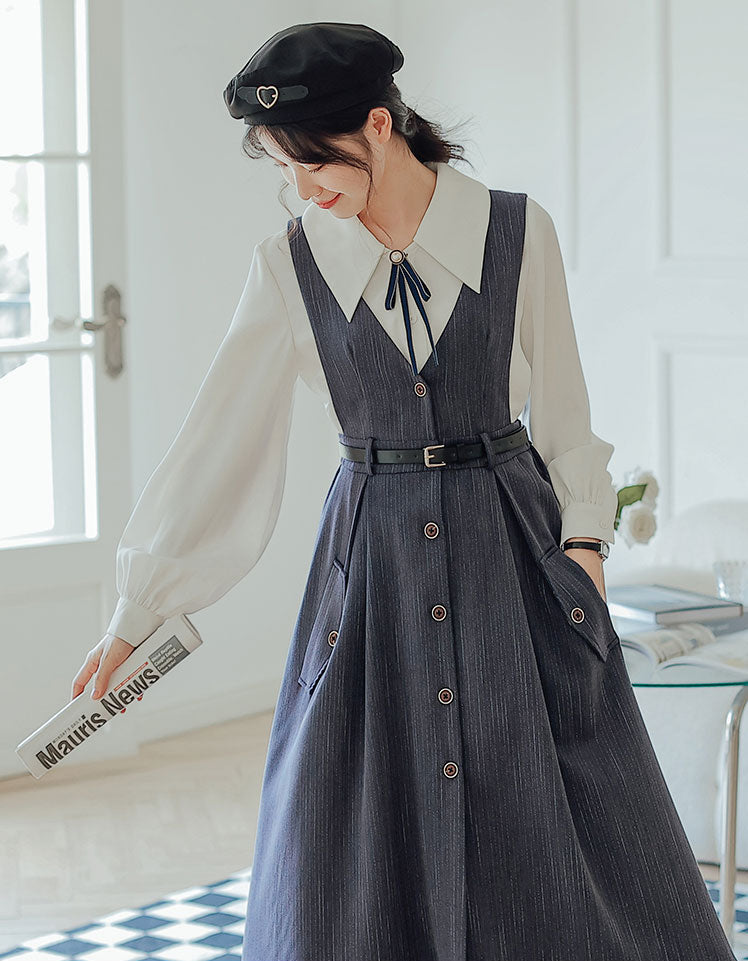 reiss pinstripe pinafore dress grey Grey Wool Maxi Pinafore Dress with Vintage Button Front and Fitted Waist C5217 Gray / XS