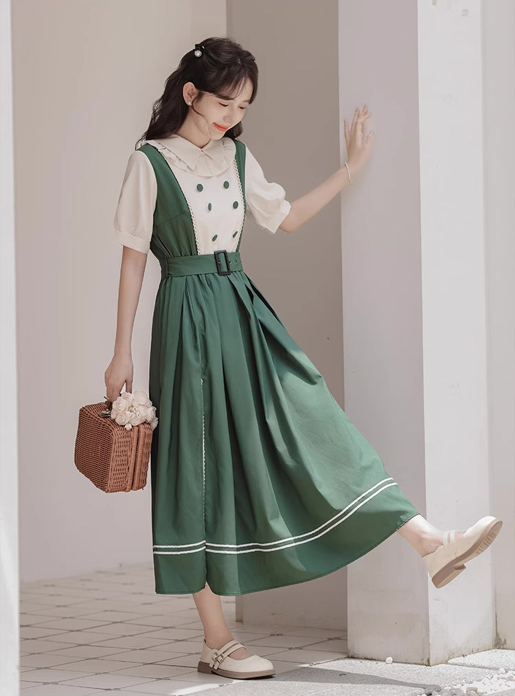 Lolita Short Sleeve Faux Layered Midi Dress (Green)