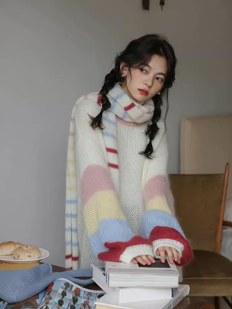 Rainbow Stripe Sleeves Sweater (White)