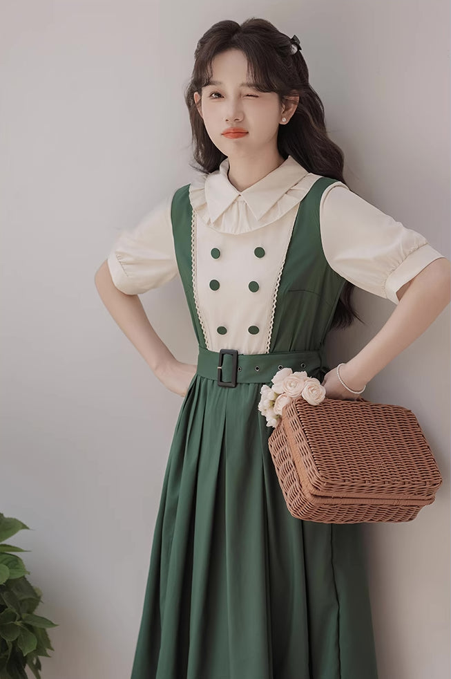 Lolita Short Sleeve Faux Layered Midi Dress (Green)