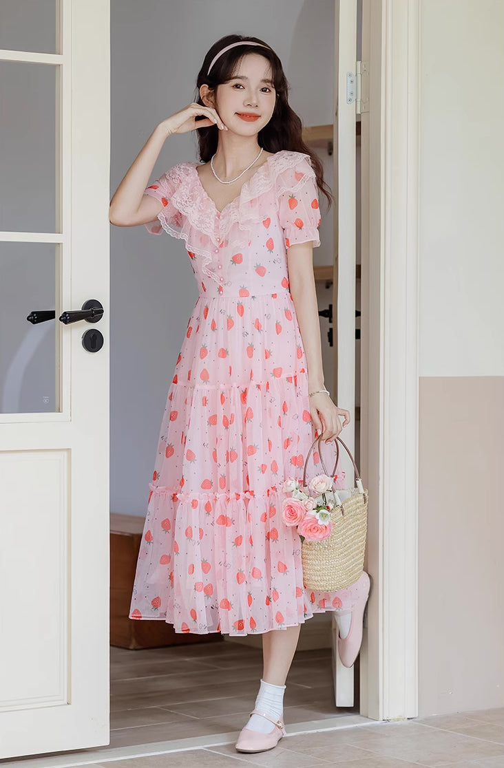 Strawberry Girl Midi Dress (Pink)